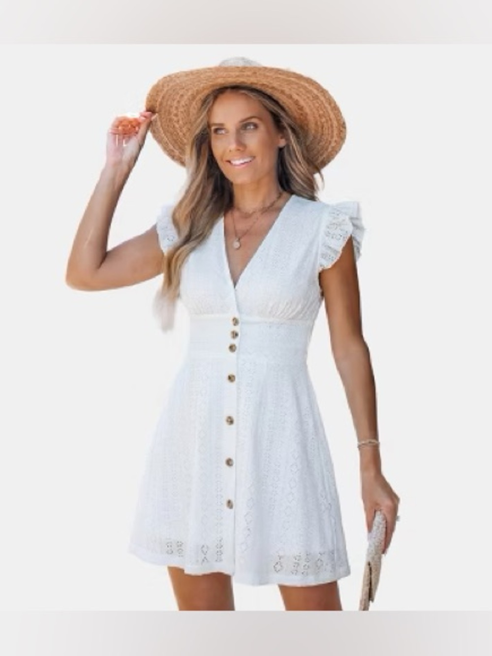 Cupshe Cali Dream White Eyelet Button-Front Women’s L Mini Sundress Dress NWT